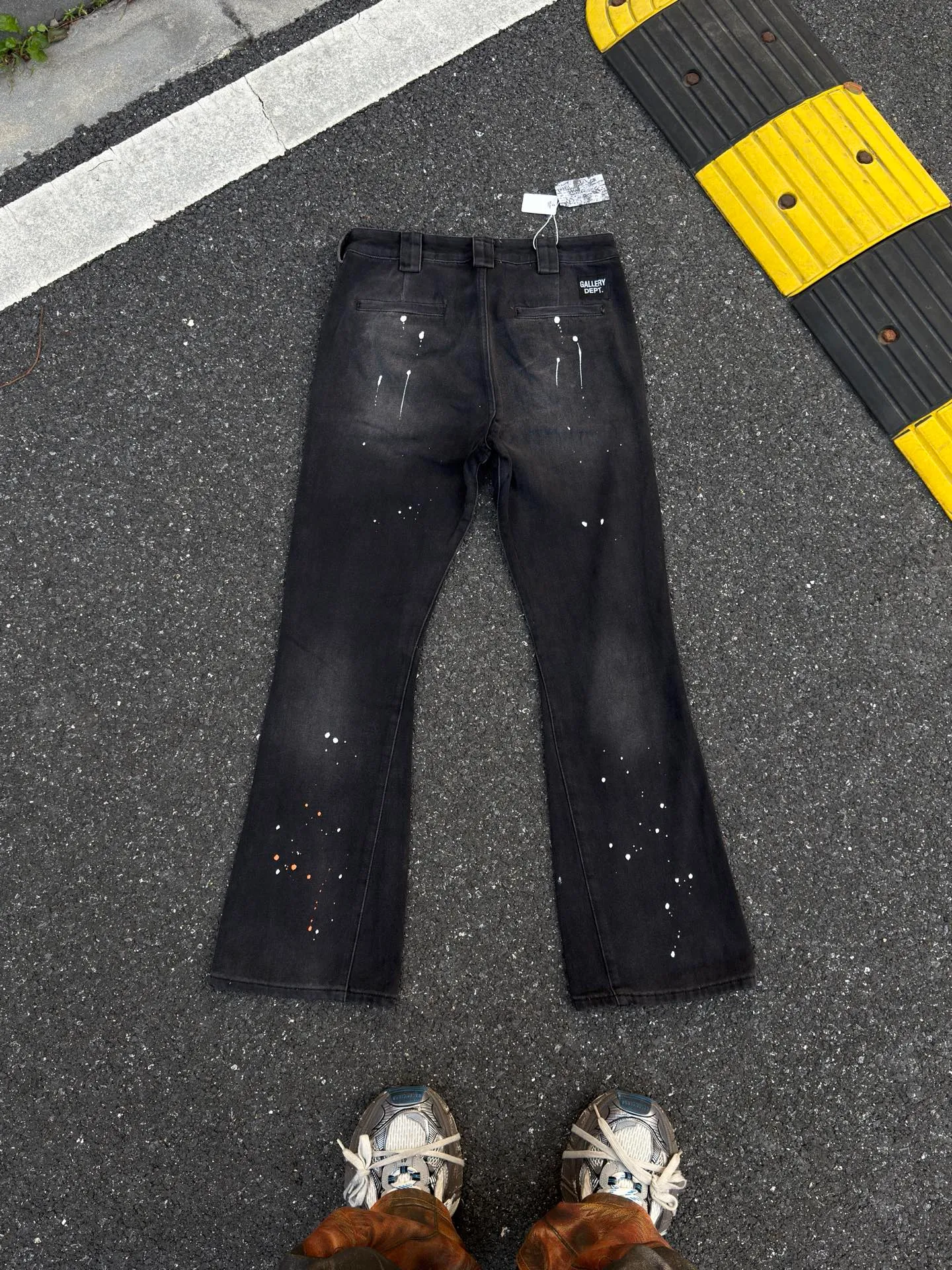 P240💰GA07 Top heavy industry GALLERY DEPT. Spliced ​​ink splash back logo washed retro jeans men and women high street splash ink pants micro-flared casual trousers trendy couple same style Size: 28 30 32 34 36 (corresponds to S M L XL XXL)